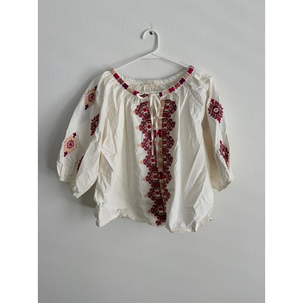 Solitaire Womens Medium Embroidered Peasant Blouse White Burgundy Boho Top